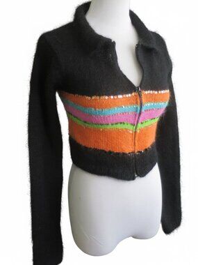 Y2K Cropped Striped Sequin Mohair Cardigan Sweater Size XS